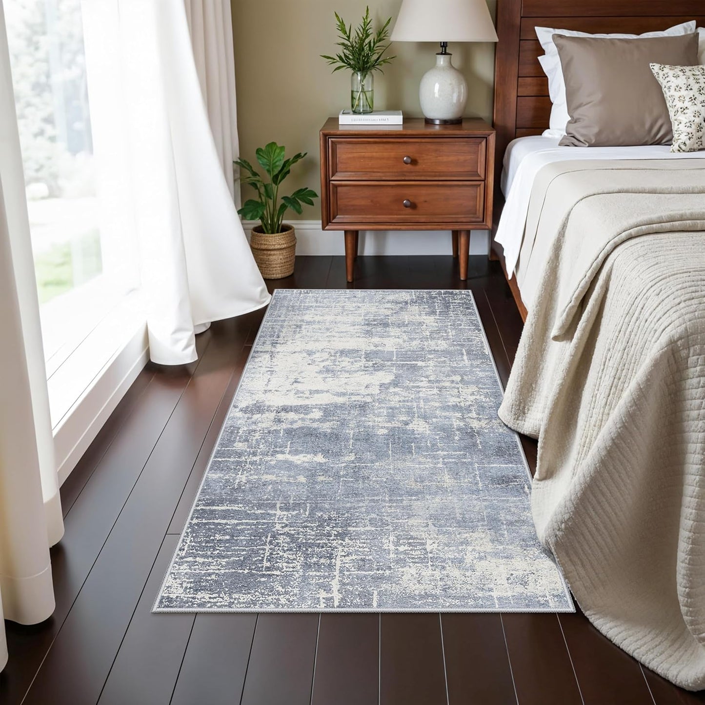 Skiennix Washable Kitchen Area Rug - Abstract Stain-Resistant Design | Non-Slip, Ultra Soft, 2x4 ft, Blue/Ivory