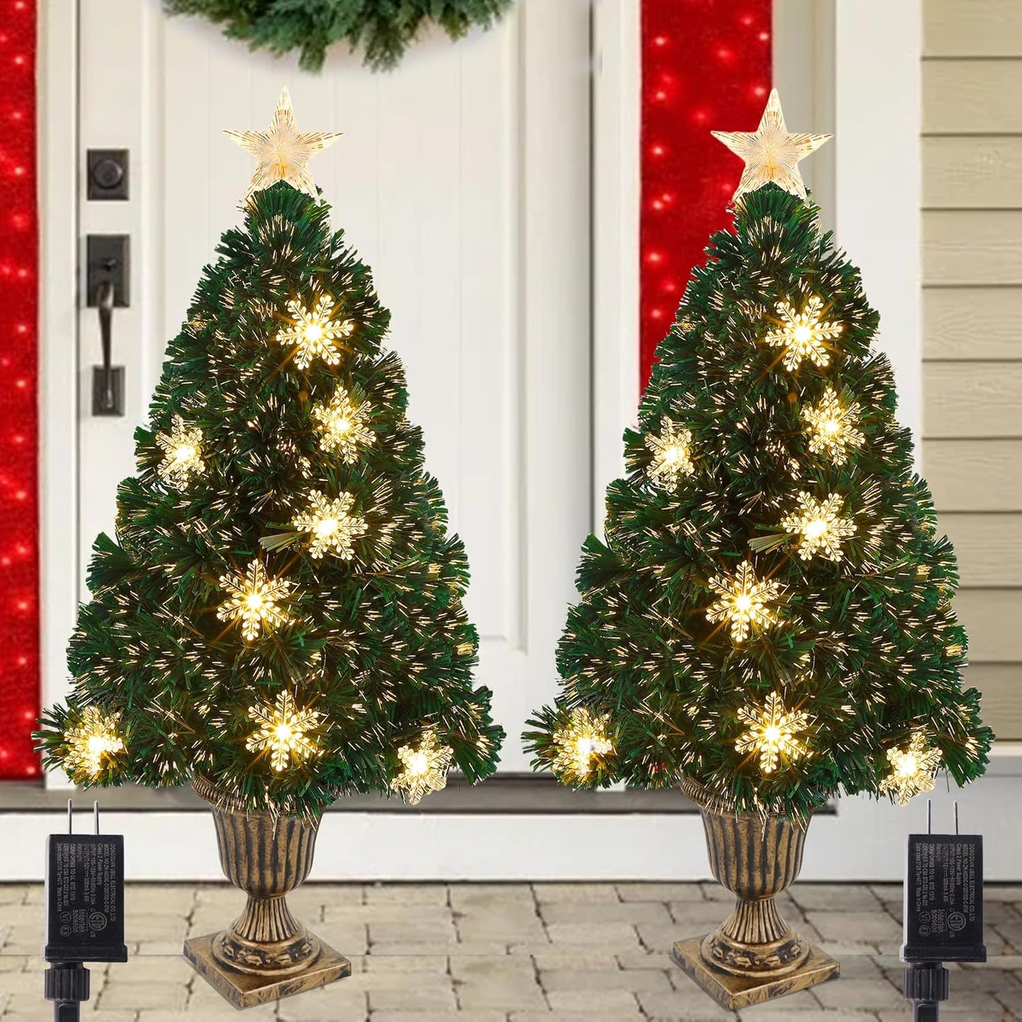 Juegoal Pre-Lit Artificial Christmas Trees - 3 FT Lighted Green Fiber Optic Entrance Trees with Gold Urn Base | 8 Lighting Modes & 110 Branch Tips for Festive Holiday Decor