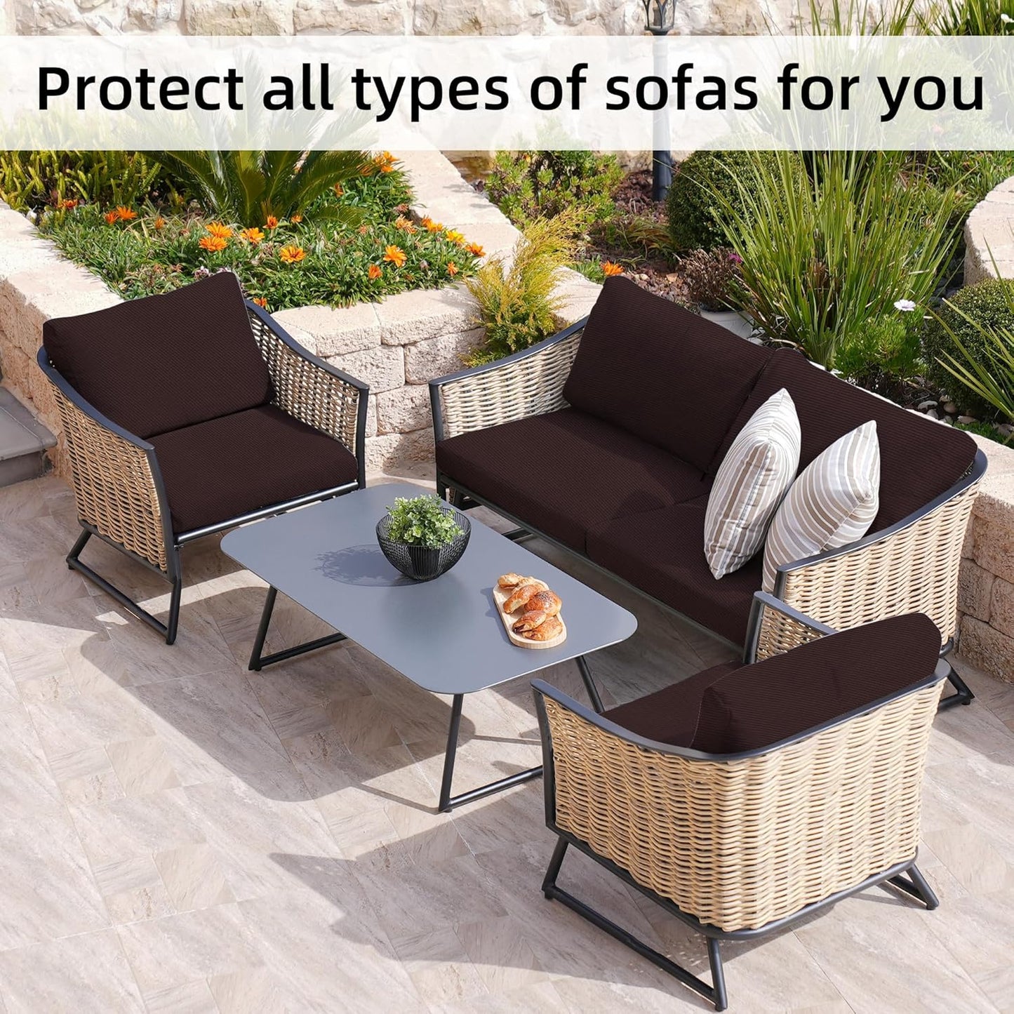Skiennix 8-Piece Stretch Patio Cushion Covers - Washable Outdoor Sofa Slipcovers in Coffee