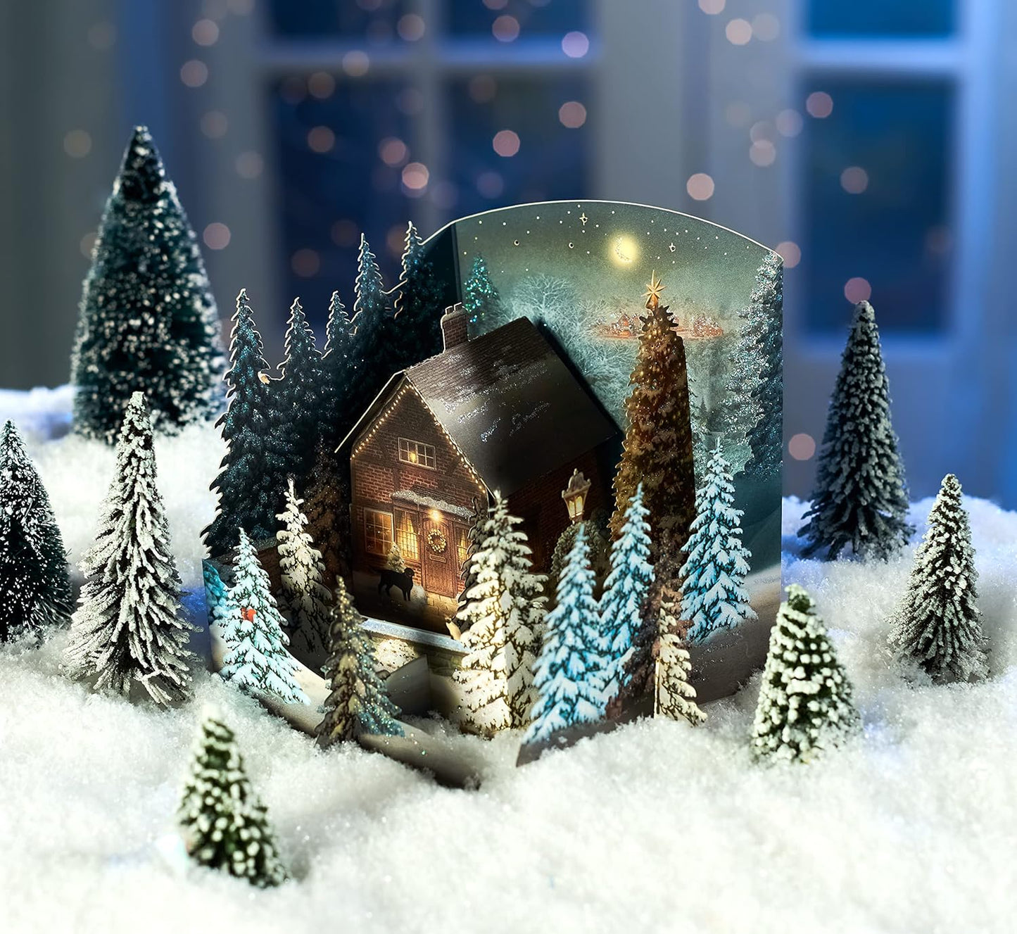 American Greetings 3D Holiday Card - Rustic Cottage Scene in Winter Pine Forest | Designed by Jacquie Lawson