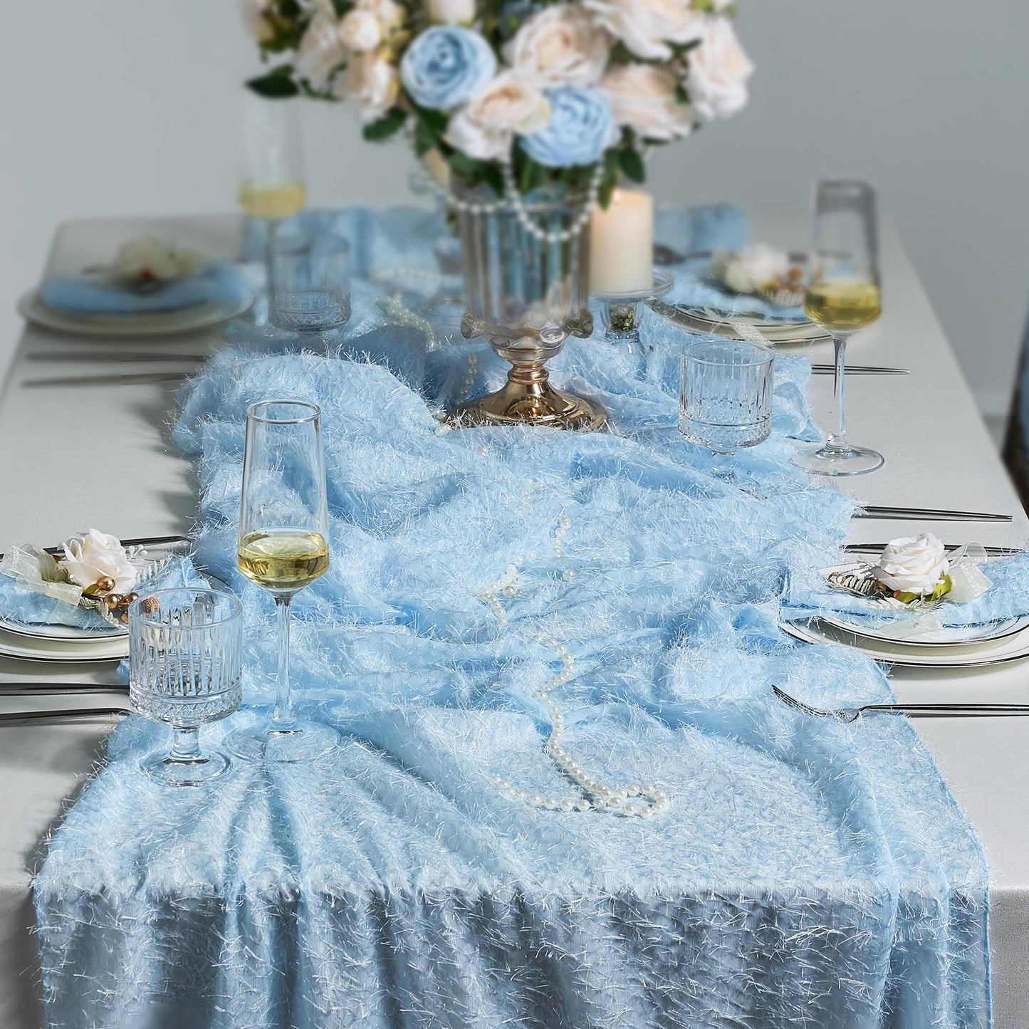 Leetaltree Dazzle Table Runner (Light Blue, 1 Pack) - Luxury Fringe Appliqué Raised Linear Sparkle - Iridescent Elegant Gift Set for Wedding, Christmas, Tree Skirt, Birthday, Holiday & Home Decor