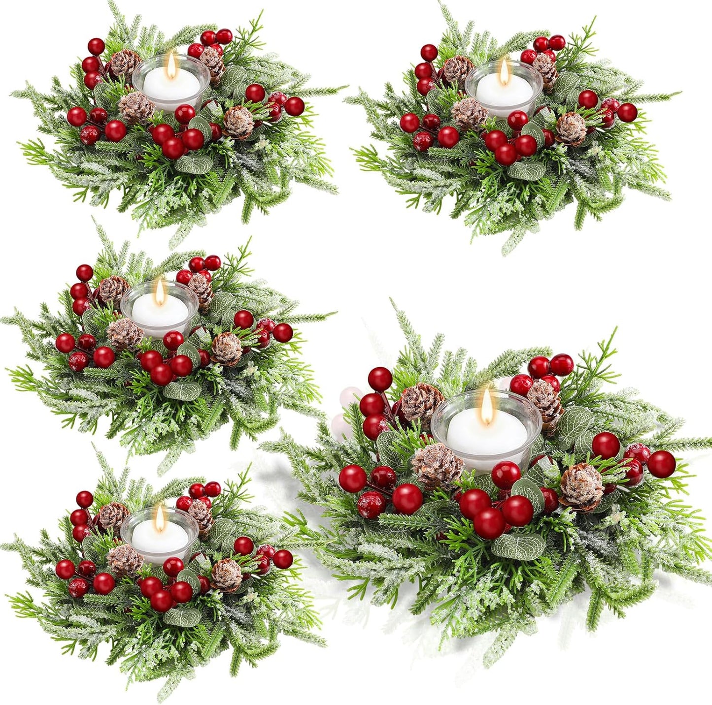 Lyrow Christmas Candle Rings - 4 Pcs Mini Wreaths with Artificial Berries & Snowy Pine | Holiday Table Decor
