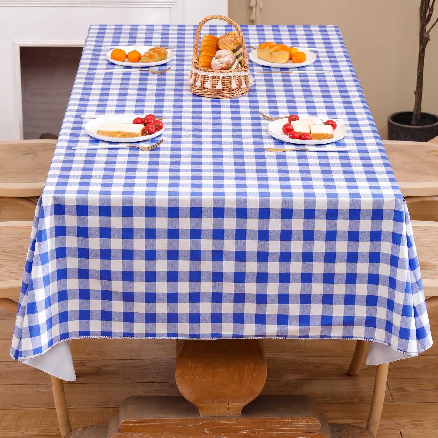 Heavy Duty Vinyl Tablecloth with Flannel Backing Waterproof Oil-Proof Plastic Table Cloth Stain-Resistant Wipeable Rectangle or Square Table Cover for Indoor and Outdoor (Blue Checkered, 60x102 Inch)