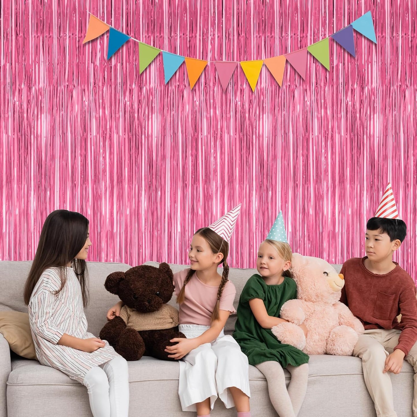 Skiennix Pink Backdrop - 8 Pack Metallic Foil Curtains for Birthday & Valentine's Day | 3.28 FT x 7.05 FT