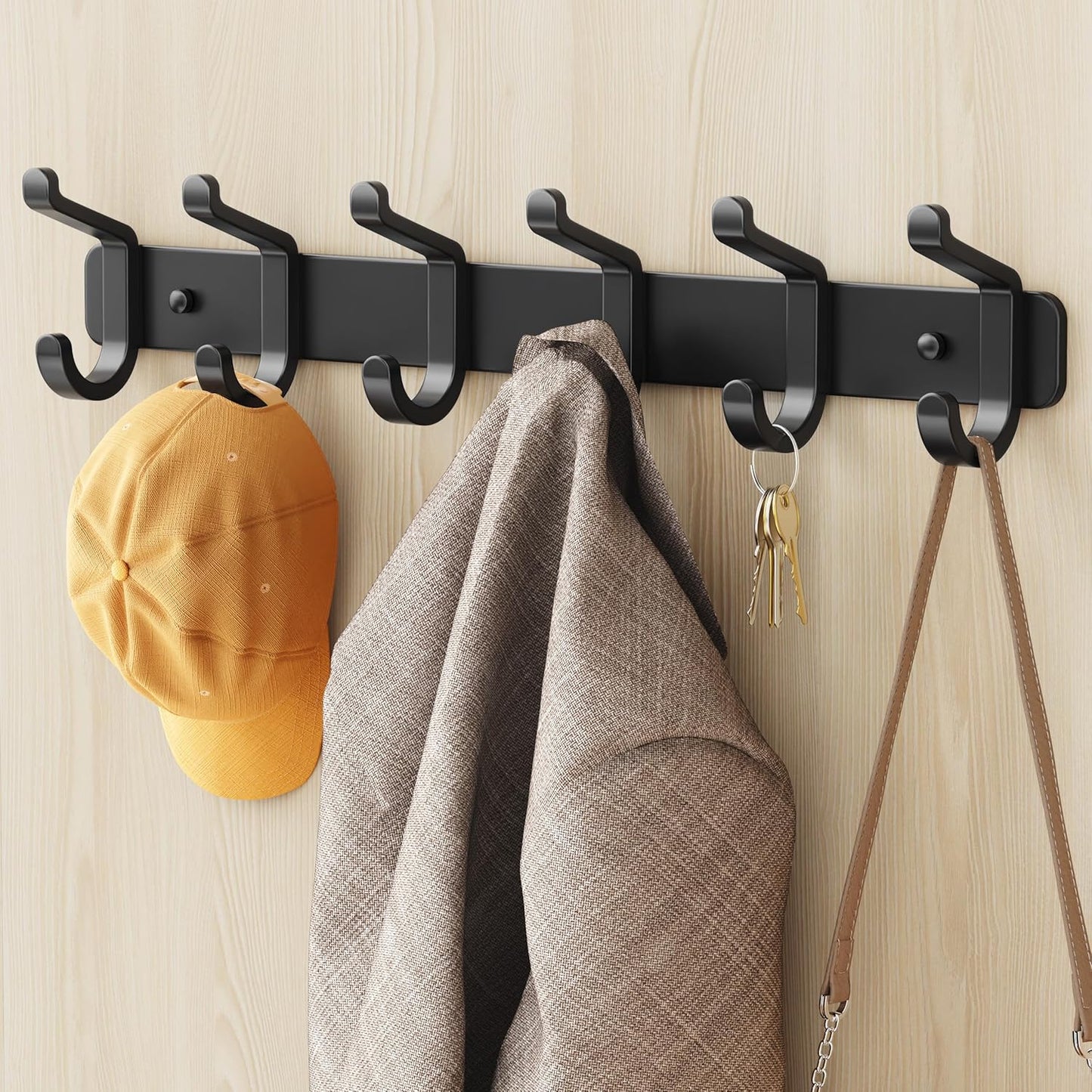 Pickpiff Coat Rack - Heavy-Duty Wall-Mounted Metal Hanger with 6 Hooks for Hats, Clothes & More | Black, 1 Pack