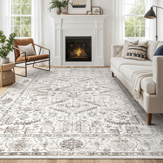 6x9 Area Rugs for Living Room - Washable Soft Large Vintage Rug Non-Slip Stain Resistant Traditional Stain Resistant Indoor Floor Low Pile Carpet for Bedroom Dining Room or Home Office - White