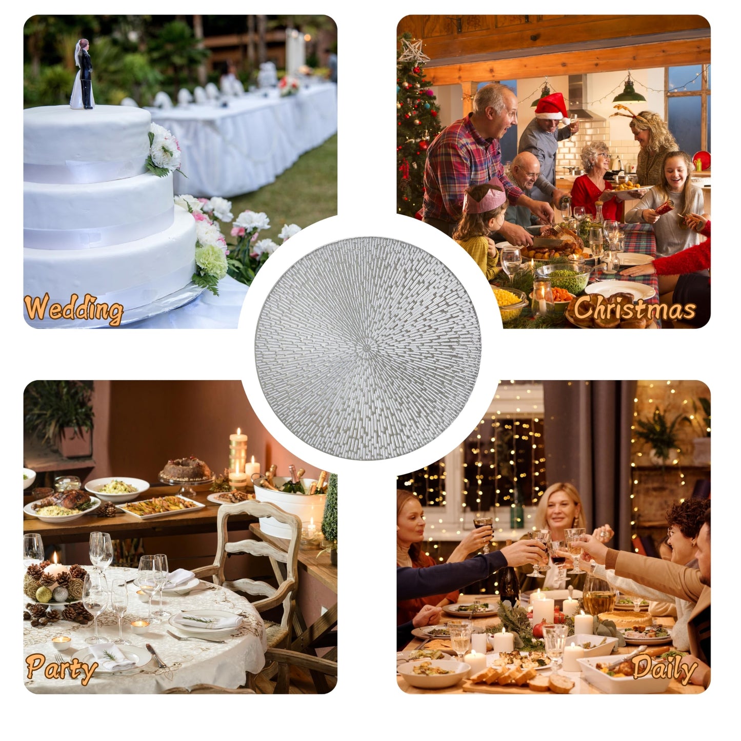 Snowkingdom Silver Round Placemats Set of 6, 15 Inch Metallic Pressed Vinyl Place Mats, Easy Clean Non Slip Heat Resistant Washable PVC Hollow Out Table Mats for Dinner Party Table Decoration