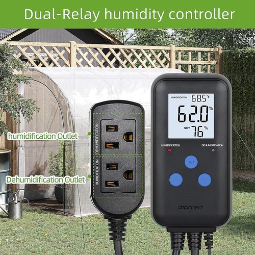 DIGITEN Digital Humidity Controller - Pre-Wired Humidistat with Temperature Display | Dual-Stage Outlet for Reptiles, Greenhouses, and Grow Tents