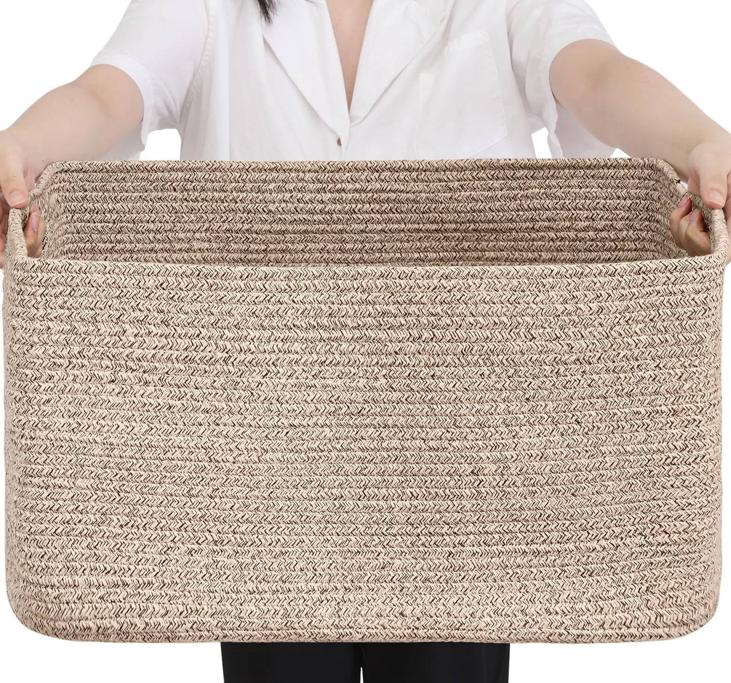 Optish 75L Large Woven Blanket Basket - Reinforced Handles for Laundry & Storage | 22” x 17” x 11.5”, Brown