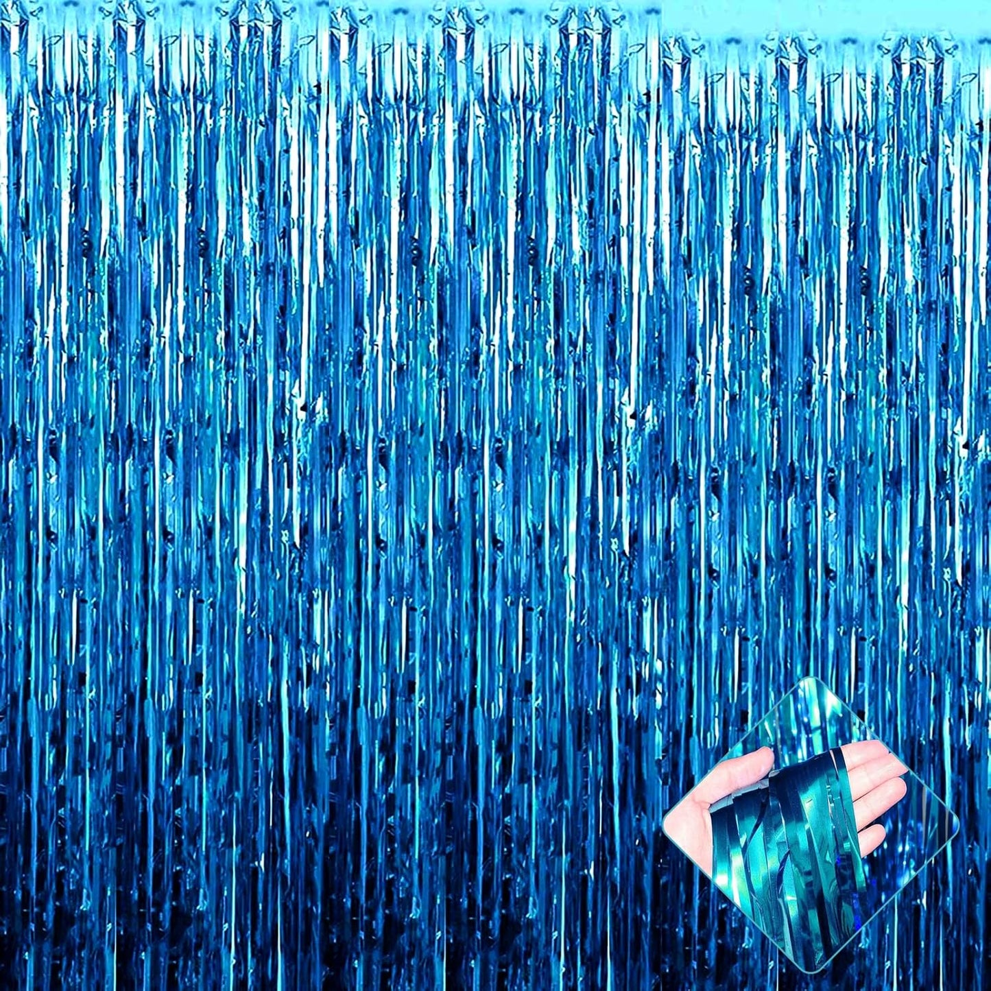 Lake Blue Foil Fringe Curtain Backdrop by [Brand Name] - 4 Pack Metallic Tinsel Streamers | 3.2Ft x 9.8Ft for Parties & Events