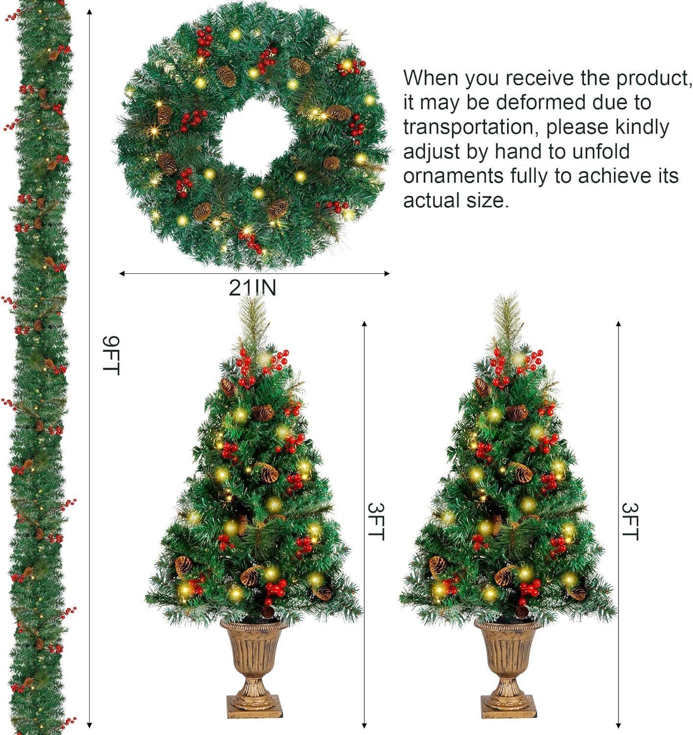 Juegoal Christmas Decorations - 4-Piece Pre-Lit Artificial Entrance Trees Set with Wreath & Garlands | 8 Lighting Modes & Timer for Festive Home Decor