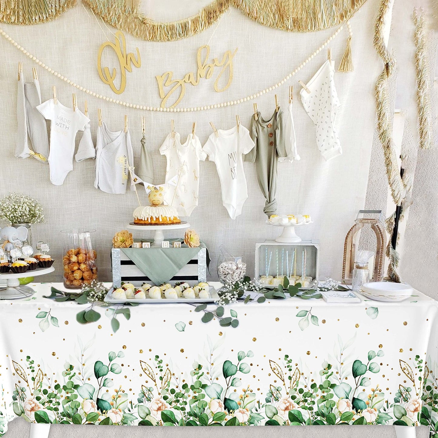Sage Green Eucalyptus Leaf Tablecloth for Baby Shower Party Decoration Disposable Plastic Sage Greenery Tablecloth Table Cover Boho Woodland Neutral Baby Shower Wedding Party 54 x 108IN (3, Greenery)