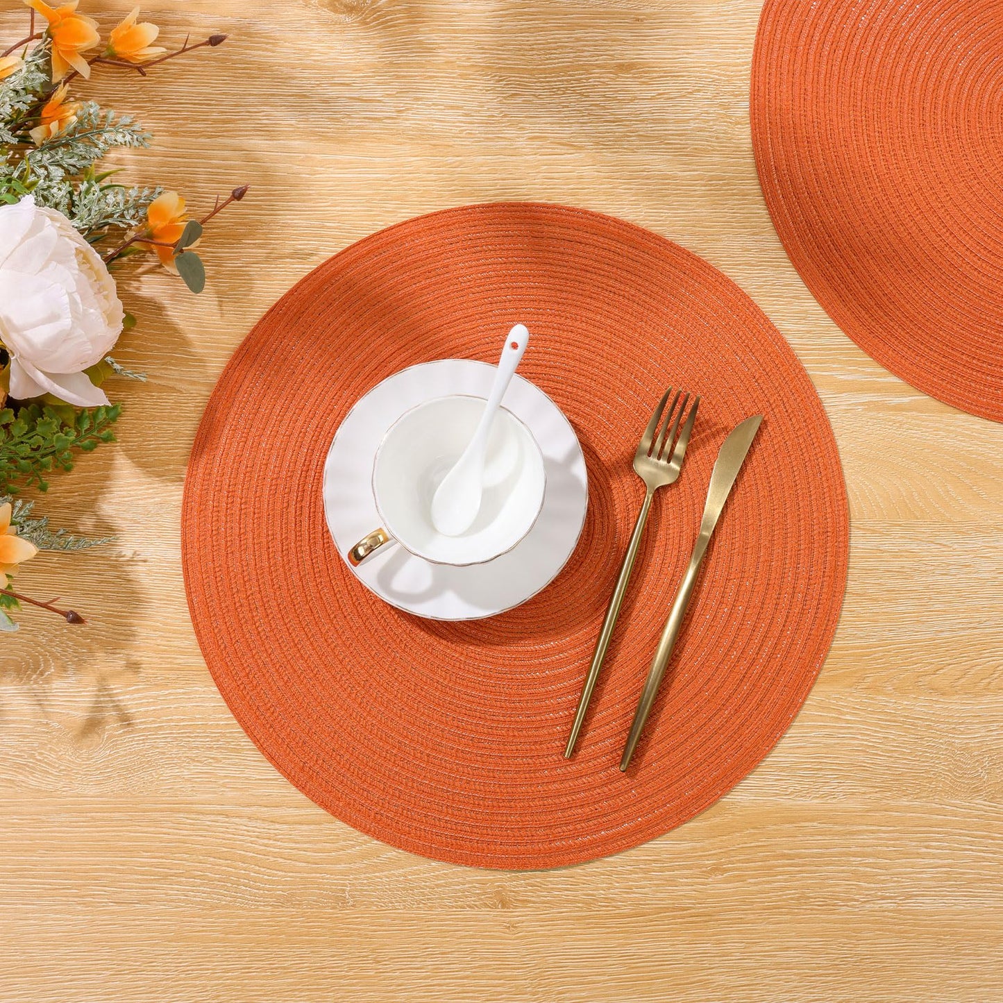 SHACOS Round Placemats Set of 4 for Dining Table Autumn Fall Round Braided Place Mats Washable Non Slip Kitchen Table Mats Decor, Bright Orange