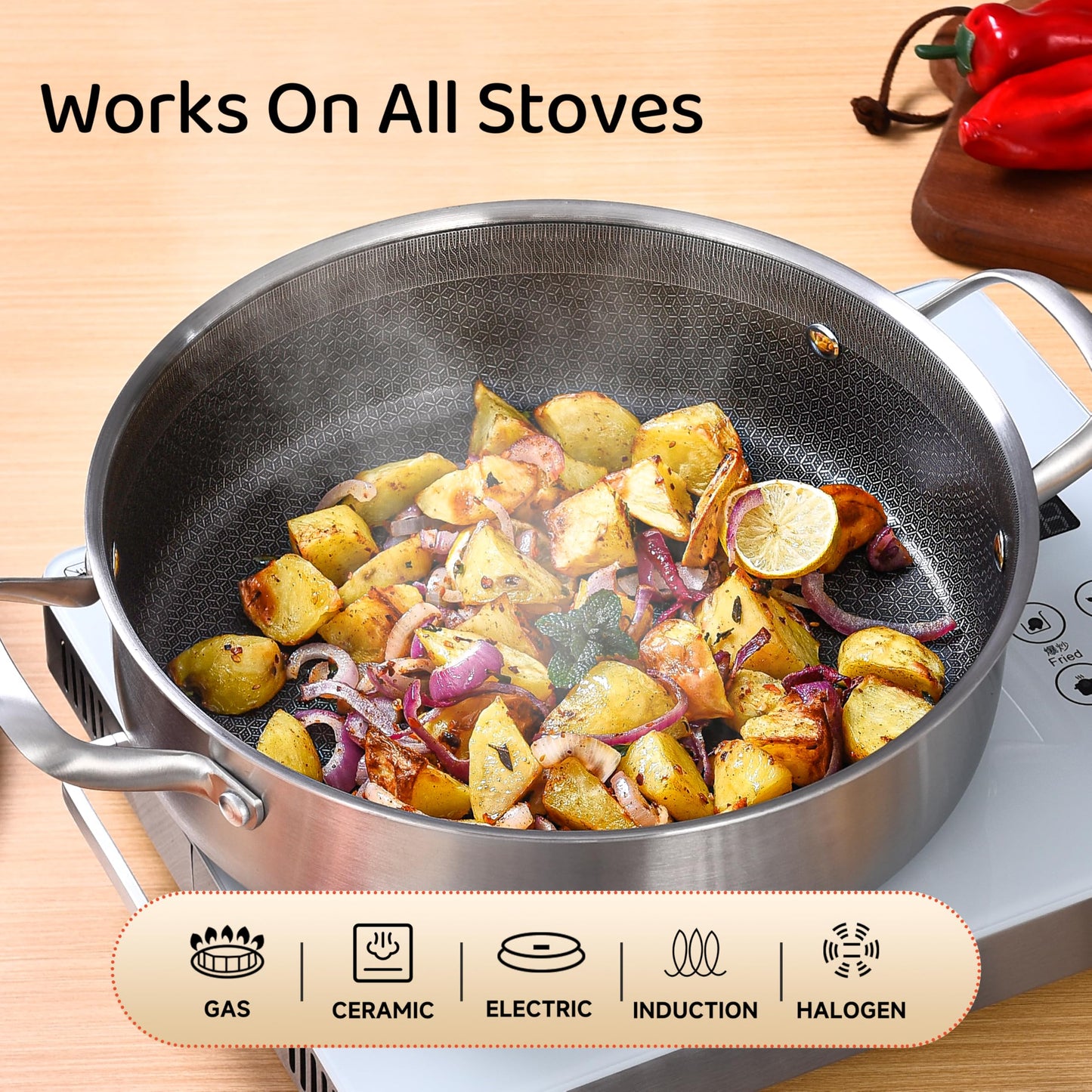 LOLYKITCH 5 QT Hybrid Ceramic Non Stick Tri-Ply Stainless Steel Sauté Pan with Lid,12 Inch Jumbo Cooker,PFOA & PFOS Free,Induction Cooking Pot, Dishwasher and Oven Safe