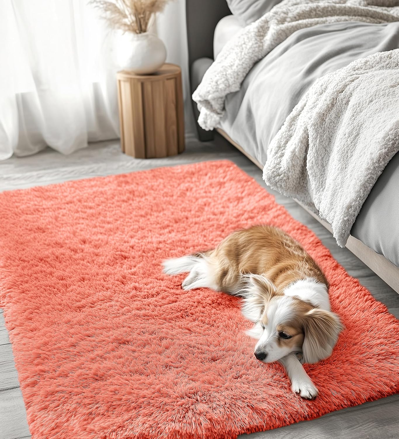 OLANLY Small Bedside Rug - Soft Fluffy Shaggy Carpet for Living Room & Bedroom | Coral Red, Machine Washable
