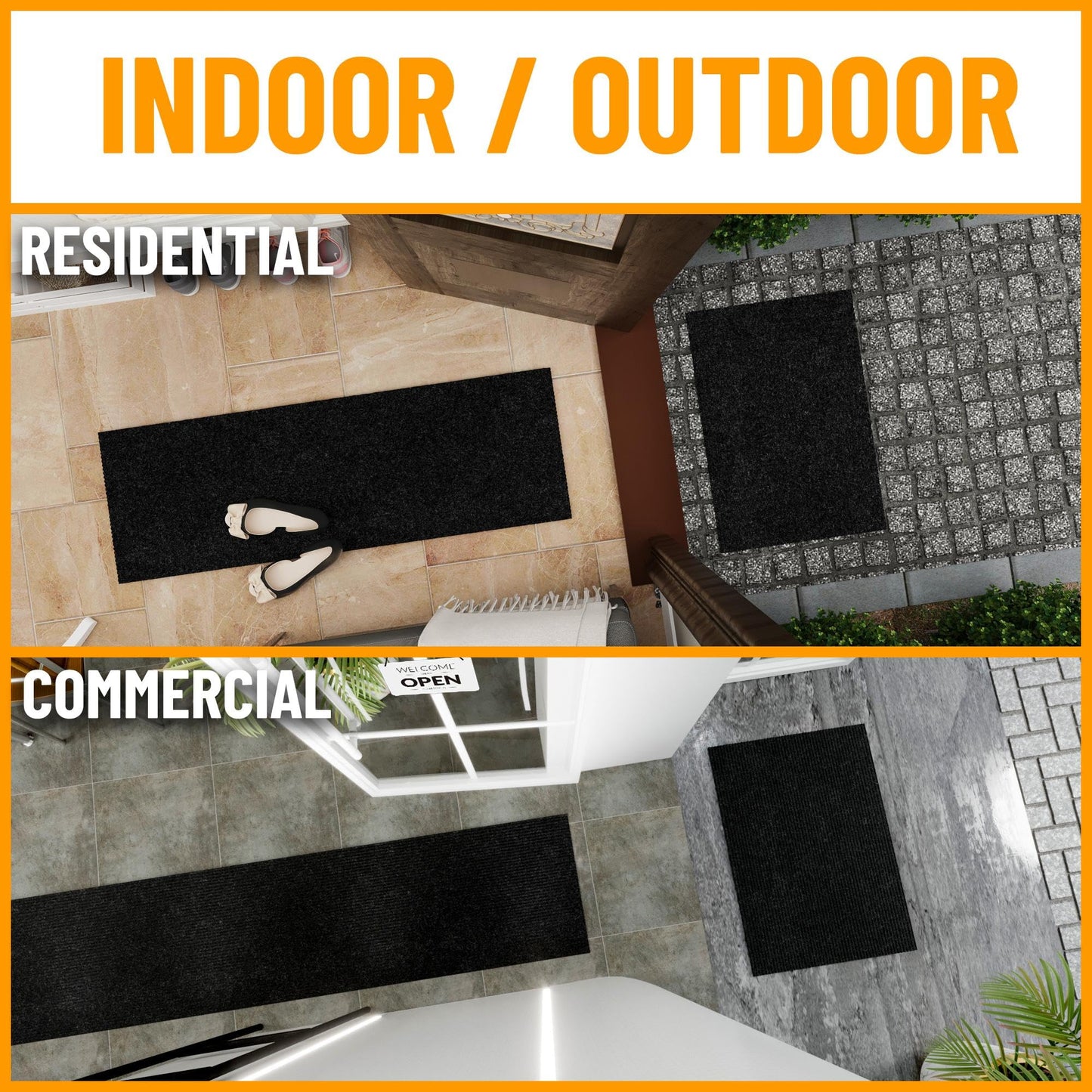 Ottomanson 2' x 5' Hallway Runner with Scraper Pile Extra Durable Non-Slip Rug Mat for Indoor & Outdoor Use - Ideal for Kitchen, Entryway, Patio & Garage - High-Traffic Carpet, Black