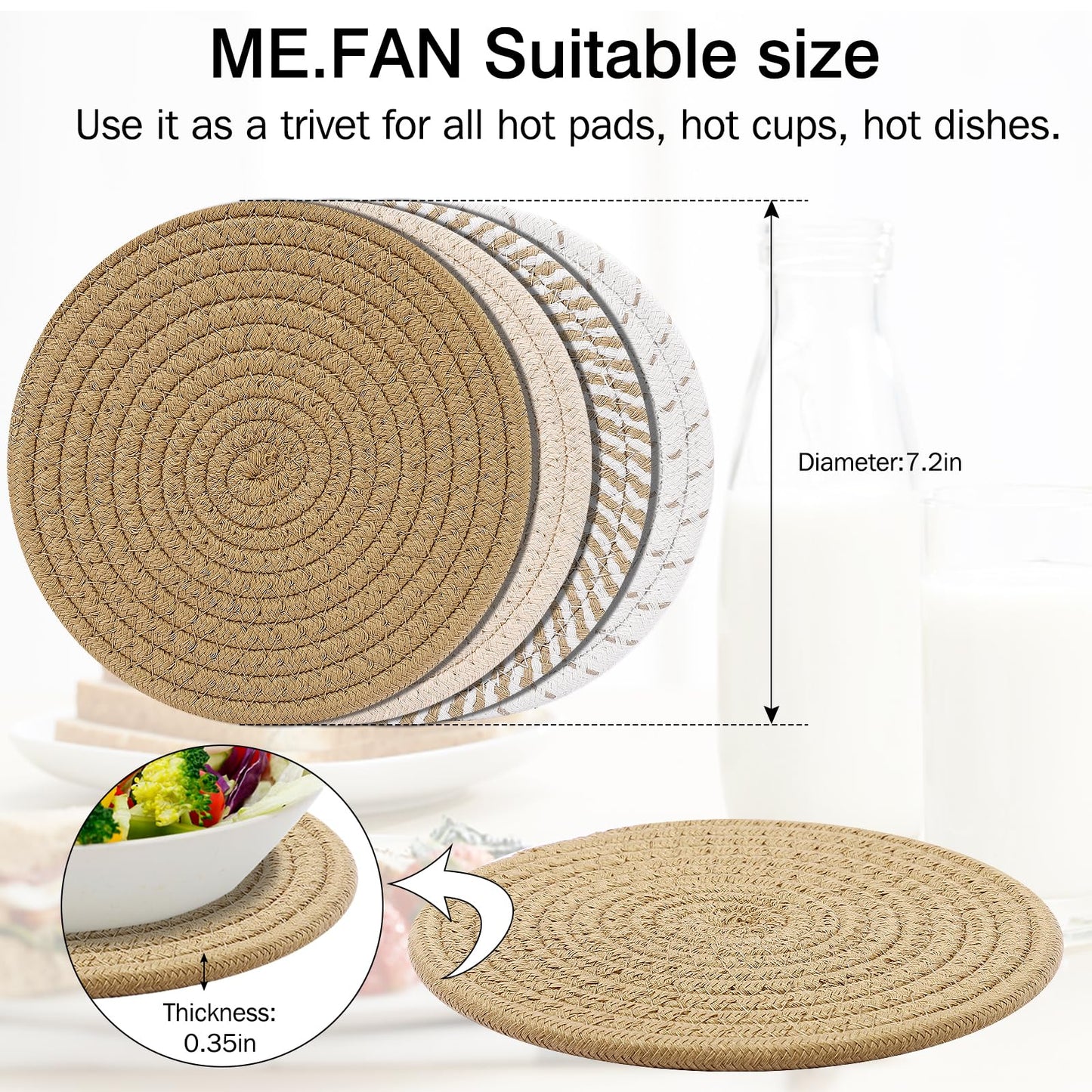 ME.FAN 7 Inch Trivets/Potholders 4 Set Cotton Thread Weave Trivets for Pots and Pans - Large Coasters/Hot Pads to Protect Desktop & Countertop - Mix 2