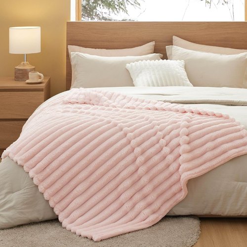 Bedsure Pink Throw Blanket - Fluffy 350GSM Cozy Plush Fleece for Women | 50x60 Inches, Striped Design