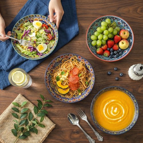 glowworm Pasta Bowls Set of 4, 42 oz Ceramic Salad Bowls for Kitchen, 9.7 Inch Colorful Serving Bowls for Soup, Dinner, Fruit, Dishwasher & Microwave Safe, Bohemian