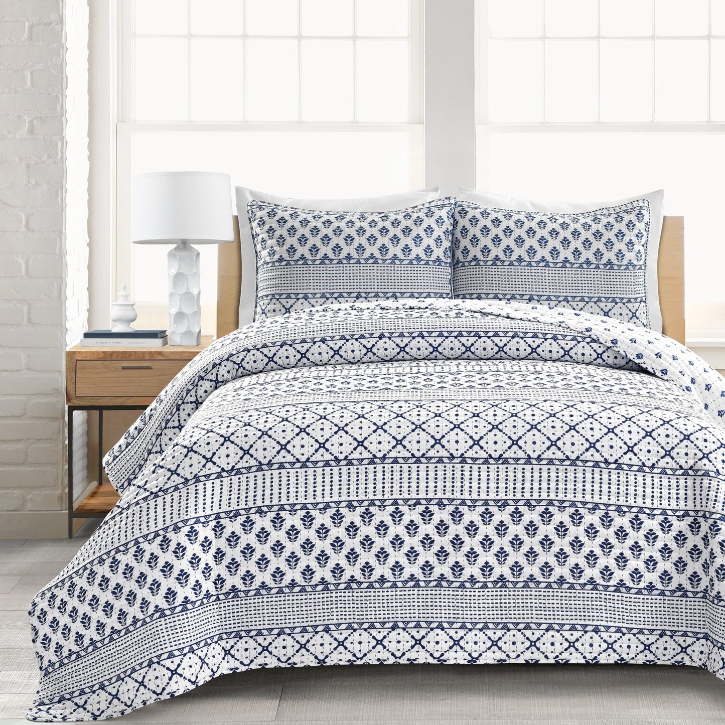 Lush Decor Monique Stripe Reversible Quilt Queen Size 3 Piece Set Full/Queen Navy & White - Striped Bedding Set Queen Quilt - Blue Quilts - Coastal Decor