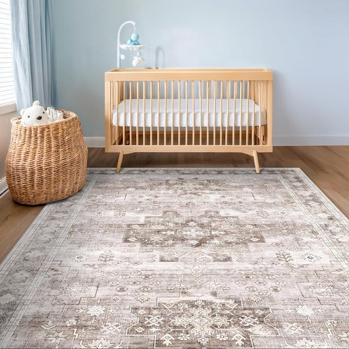 Hazo Haus Washable Area Rug - Non-Slip Boho Vintage Floral Design | 5x8 Beige/Latte for Living Room & Nursery