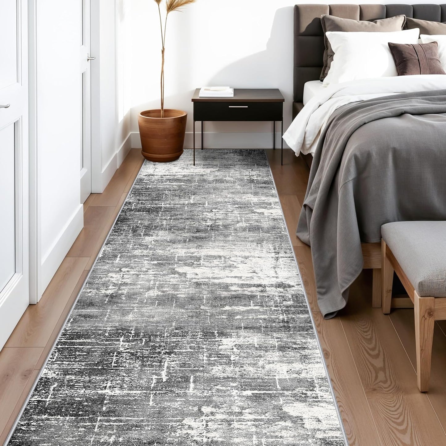 Skiennix Abstract 14ft Long Runner Rug - Non-Slip, Washable, Low-Pile | Soft Black/Grey Indoor Mat