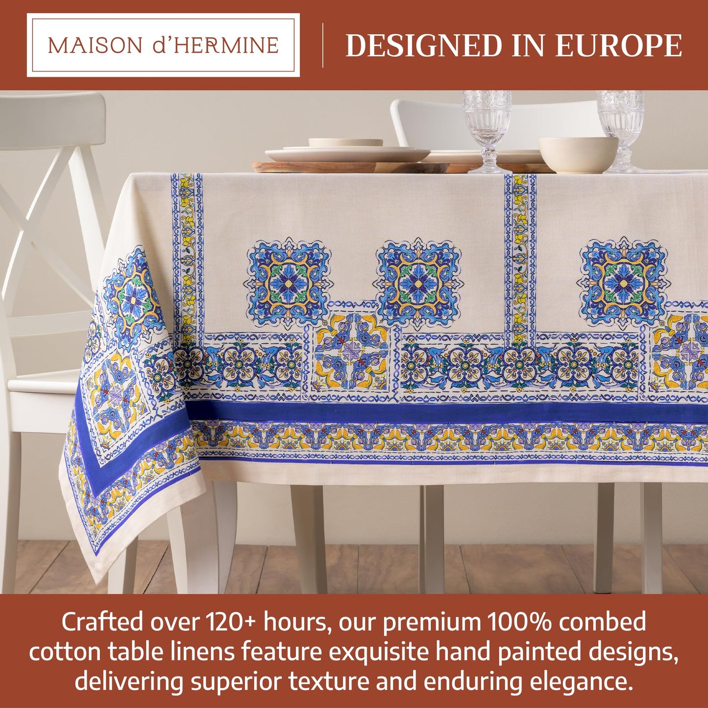 Maison d' Hermine Premium Table Cloth Rectangle Table 100% Combed Cotton 90 x 70 Inches Tablecloth Reusable Decorative for Dining Room, Farmhouse, Home, Party, Festive & Wedding - Sciacca