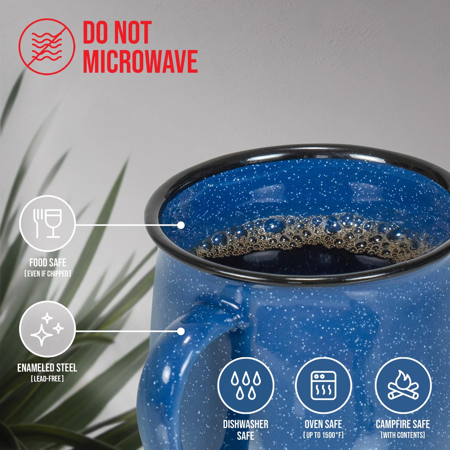 Red Co. Set of 4 Enamelware Metal 12 Oz Round Camping Coffee Mugs with Handle, White-Speckled Blue/Black Rim