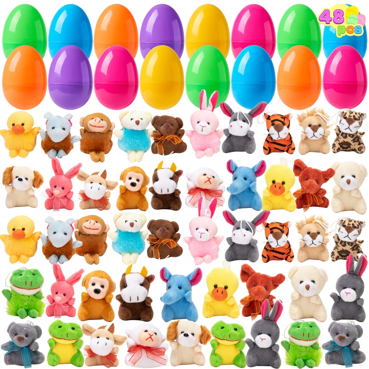 JOYIN 48 Pcs Prefilled Easter Eggs Filled with Plush Animal Toys for Easter Eggs Hunt, Basket Stuffers Fillers, Kids Party Favor, Classroom Prize Supplies