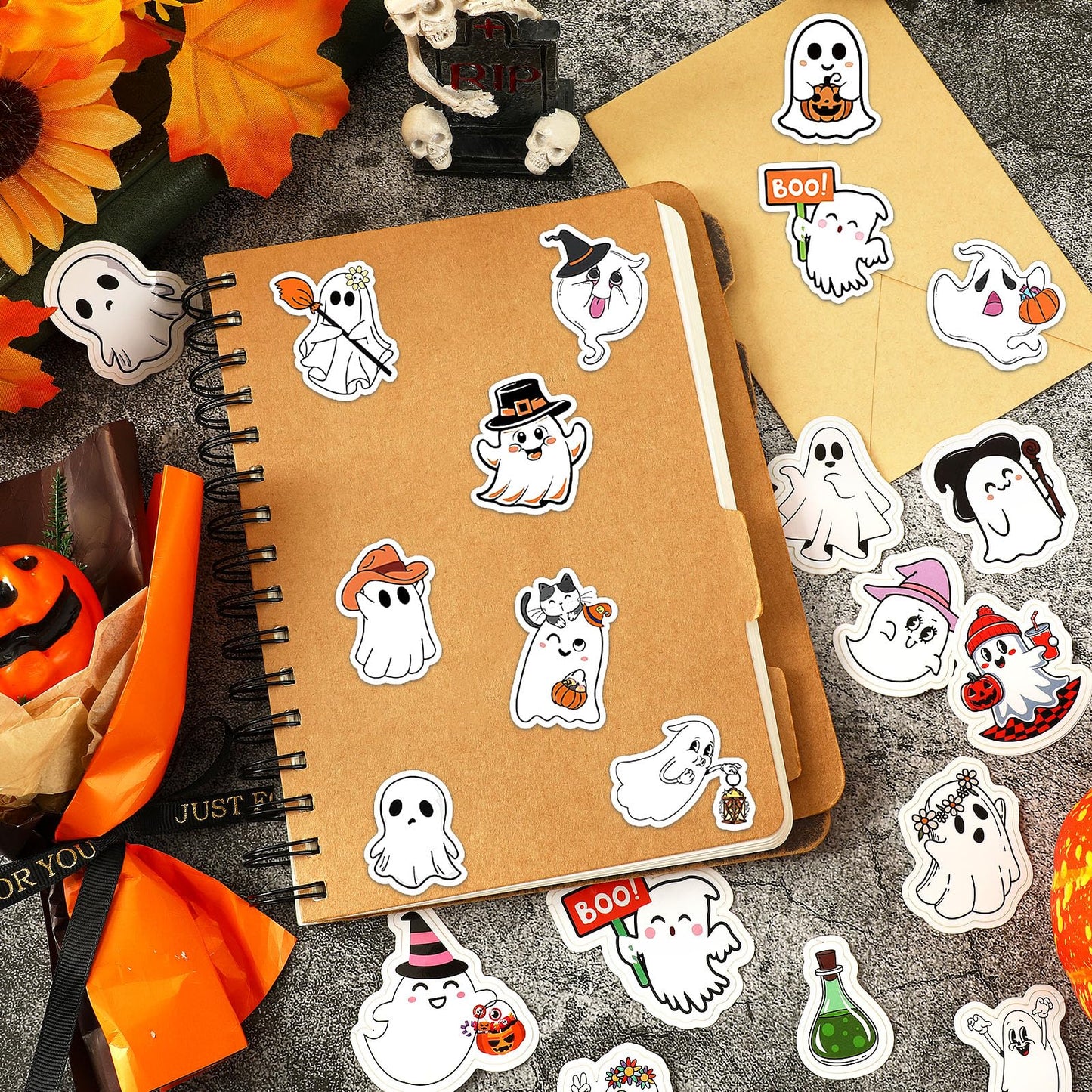 JULBEAR 200 PCS Ghost Stickers Cute Halloween Ghost Sticker Self-Adhesive White Ghost Label Decal for Craft Laptops Water Bottles and Envelopes Seal