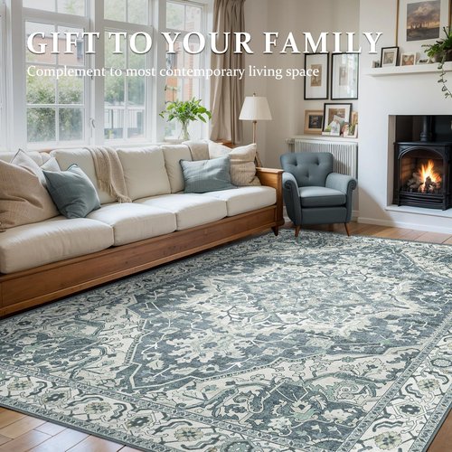 Deerly Boho Tribal Area Rug 5x7 Vintage Rug Bohemian Washable Large Living Room Rugs for Bedroom Non Slip Low Pile 5x7 Rug for Kitchen Entryway Bathroom Bedroom Dining Room Office, Canal Blue