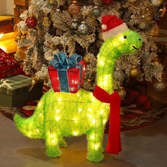 WATERGLIDE 27-Inch Lighted Christmas Dinosaur | Pre-Lit 3D Brachiosaurus Yard Decor with Gift Box