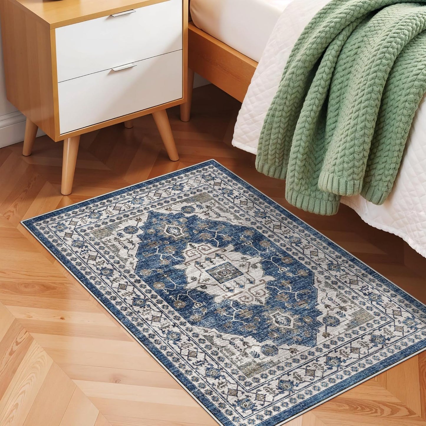 Skiennix Vintage Area Rug - Washable Soft Indoor Entryway Mat with Non-Slip Backing | 2x3, Blue