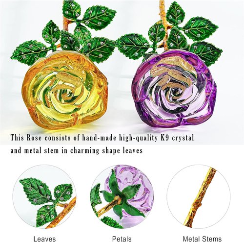 HDCRYSTALGIFTS Crystal Rose Flower Figurines - 9.5'' Purple & Yellow Glass Flowers | Romantic Gifts for Her