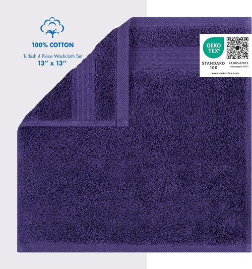Cotton Paradise 100% Cotton Turkish Washcloth Set - Soft & Absorbent 4-Piece Towels in Purple
