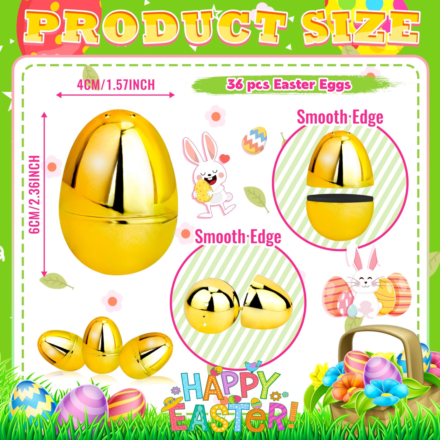 OCTERIC 18Pcs Easter Eggs Bulk, 2.3" Fillable Shiny Golden Metallic Plastic Easter Eggs Empty for Easter Hunt, Easter Basket Stuffers, Party Favor, Classroom Prize Supplies