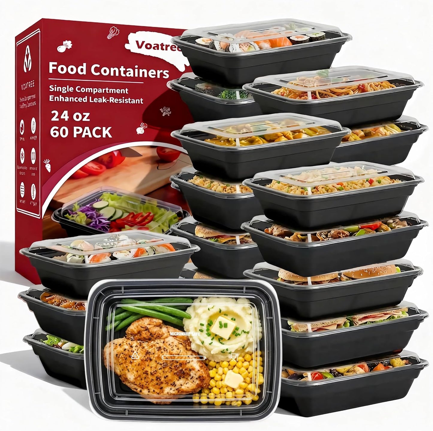 Regine Switzerland Meal Prep Containers - 60 Pack 24 oz Reusable, Leakproof, BPA-Free | Microwave & Dishwasher Safe