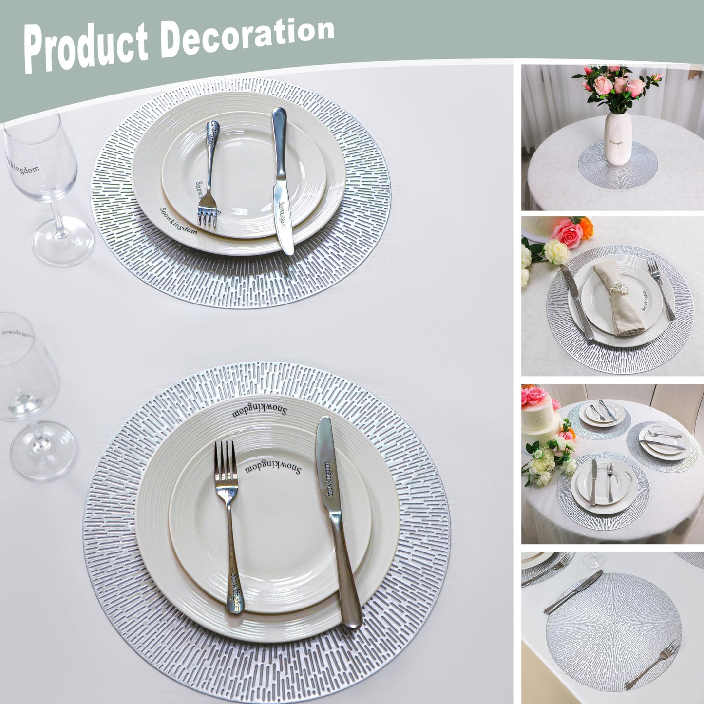 Snowkingdom Silver Round Placemats Set of 6, 15 Inch Metallic Pressed Vinyl Place Mats, Easy Clean Non Slip Heat Resistant Washable PVC Hollow Out Table Mats for Dinner Party Table Decoration