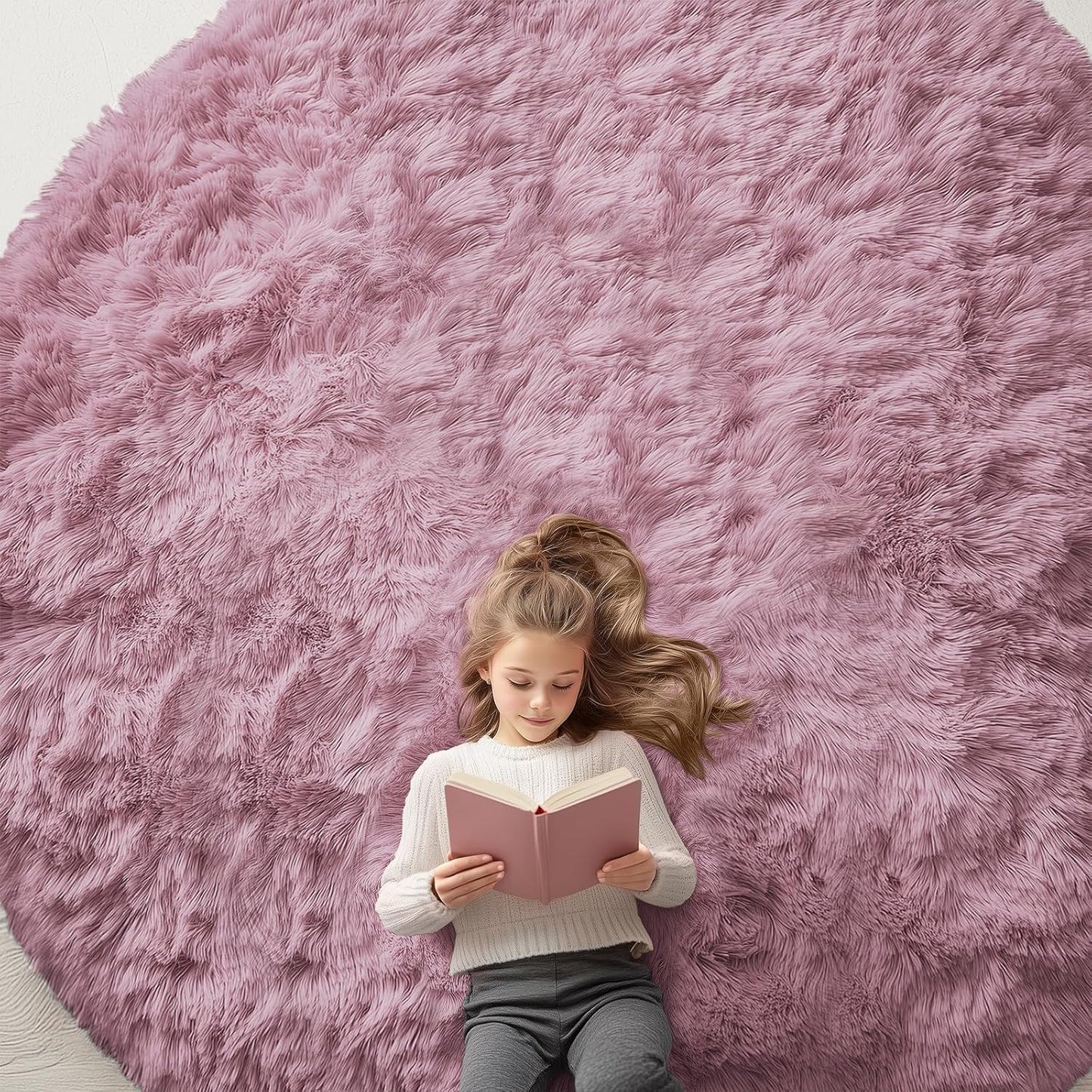 OLANLY Blush Round Area Rug - Soft, Fluffy 9 ft Circle Carpet for Bedroom & Living Room Decor