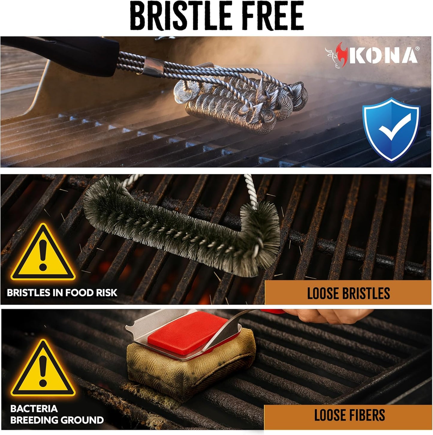 Kona Safe/Clean Grill Brush - Bristle-Free BBQ Cleaner | 100% Rust Resistant Stainless Steel for All Grills