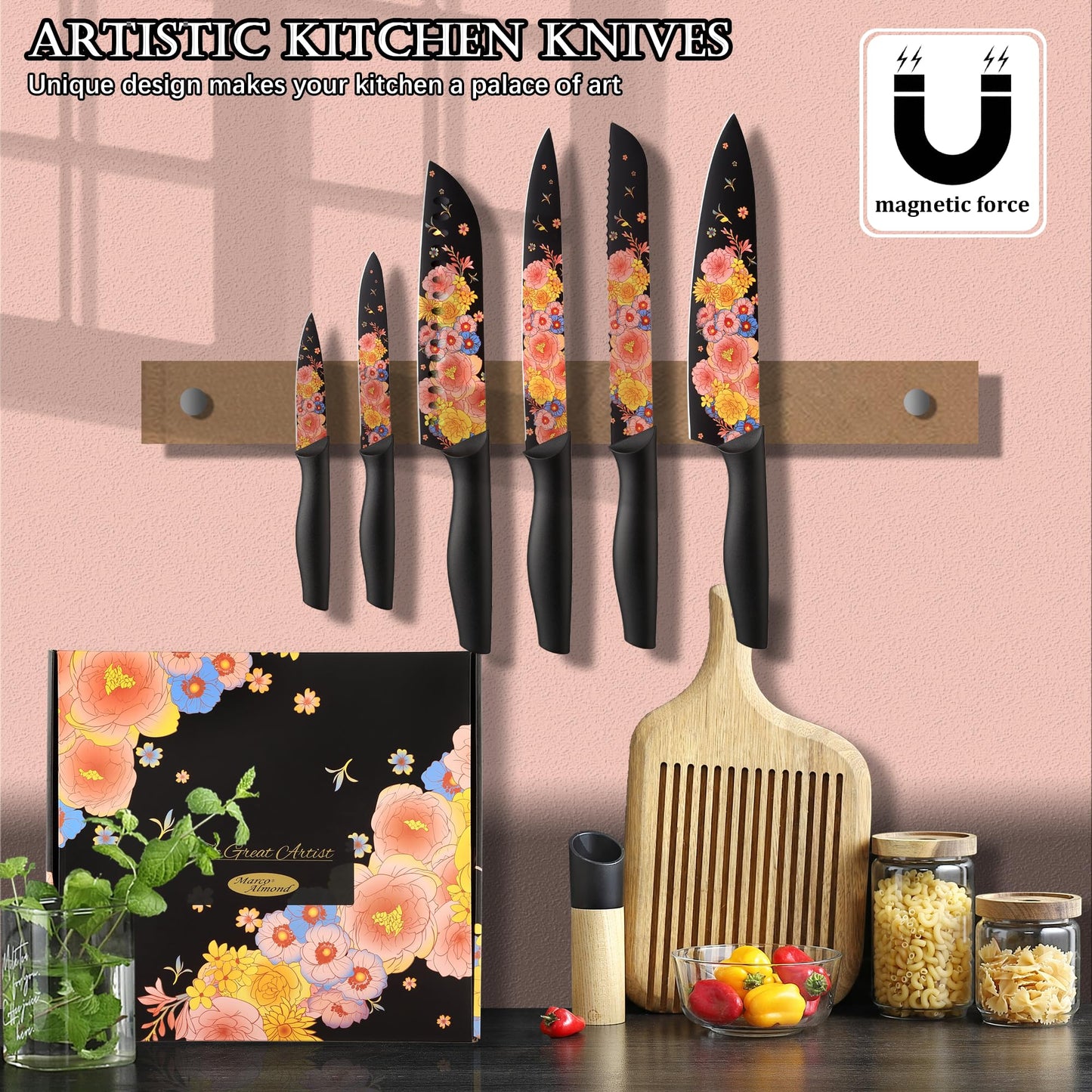 Marco Almond Knife Set Artistic Designed Pattern Kitchen Knife 6 Stainless Steel Kitchen Knives w 6 Blade Guards,Dishwasher Safe Kitchen Knife Sets for Family Knives Set for Chefs