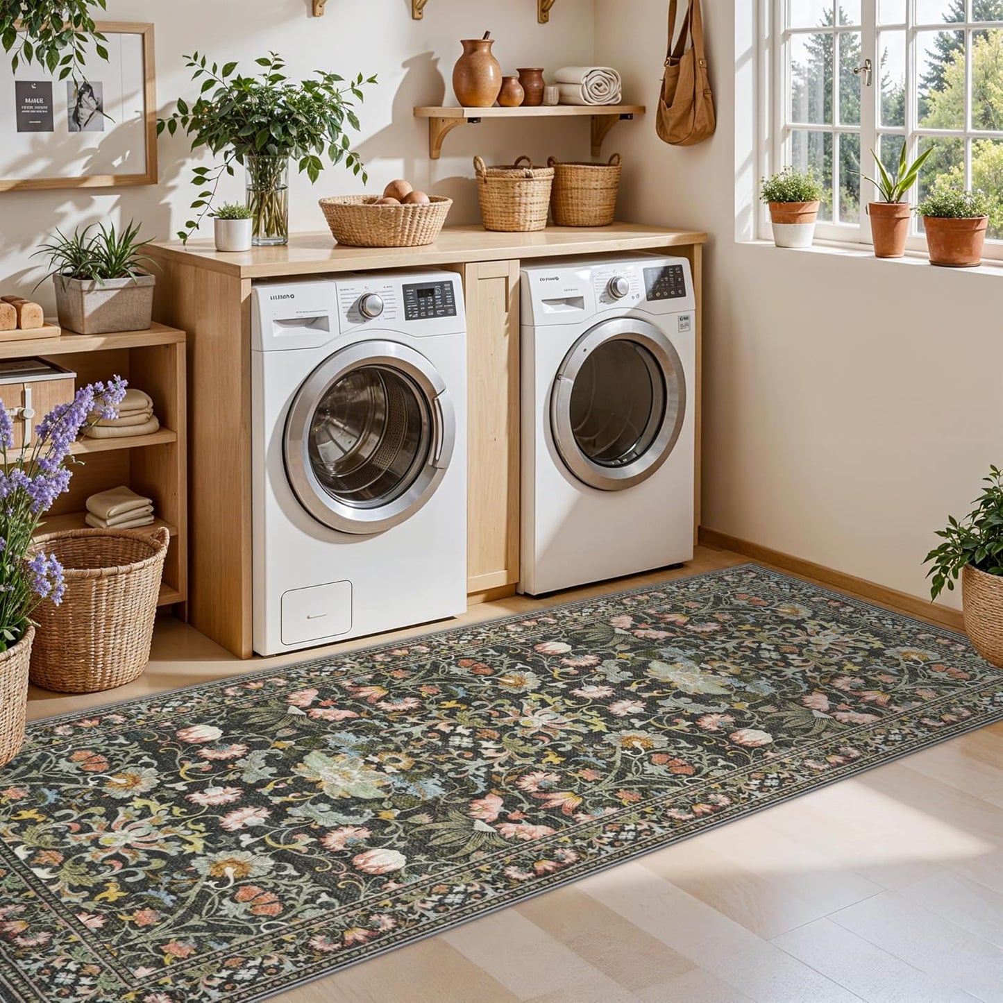 Skiennix Washable 2x8 Hallway Runner Rug - Vintage Water-Resistant, Ultra Soft, Non-Slip Backing | Green