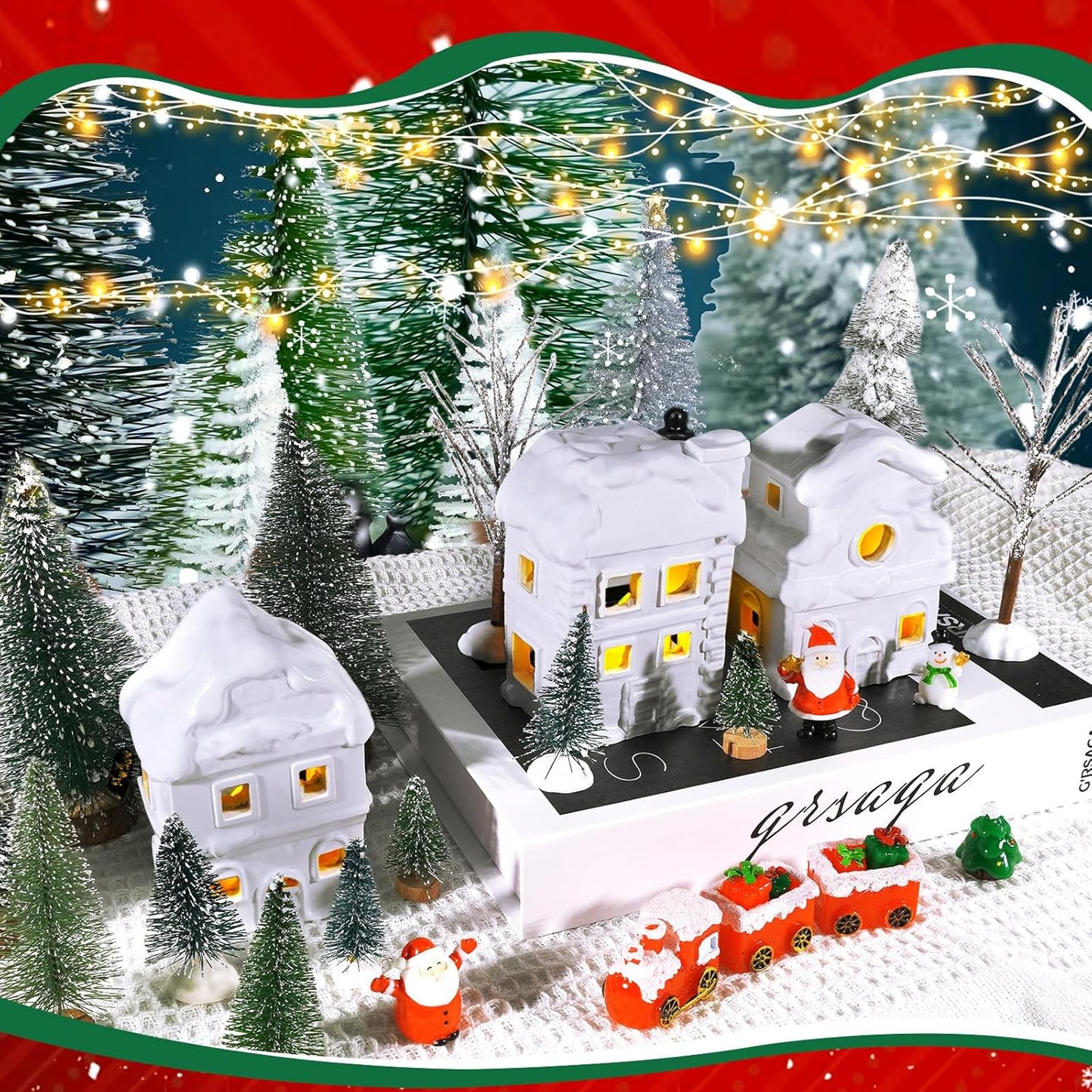 Wowagoga Ceramic Christmas House Village Set - 21 Pcs White Resin Figurines | Light-Up 4.3 Inch Decor