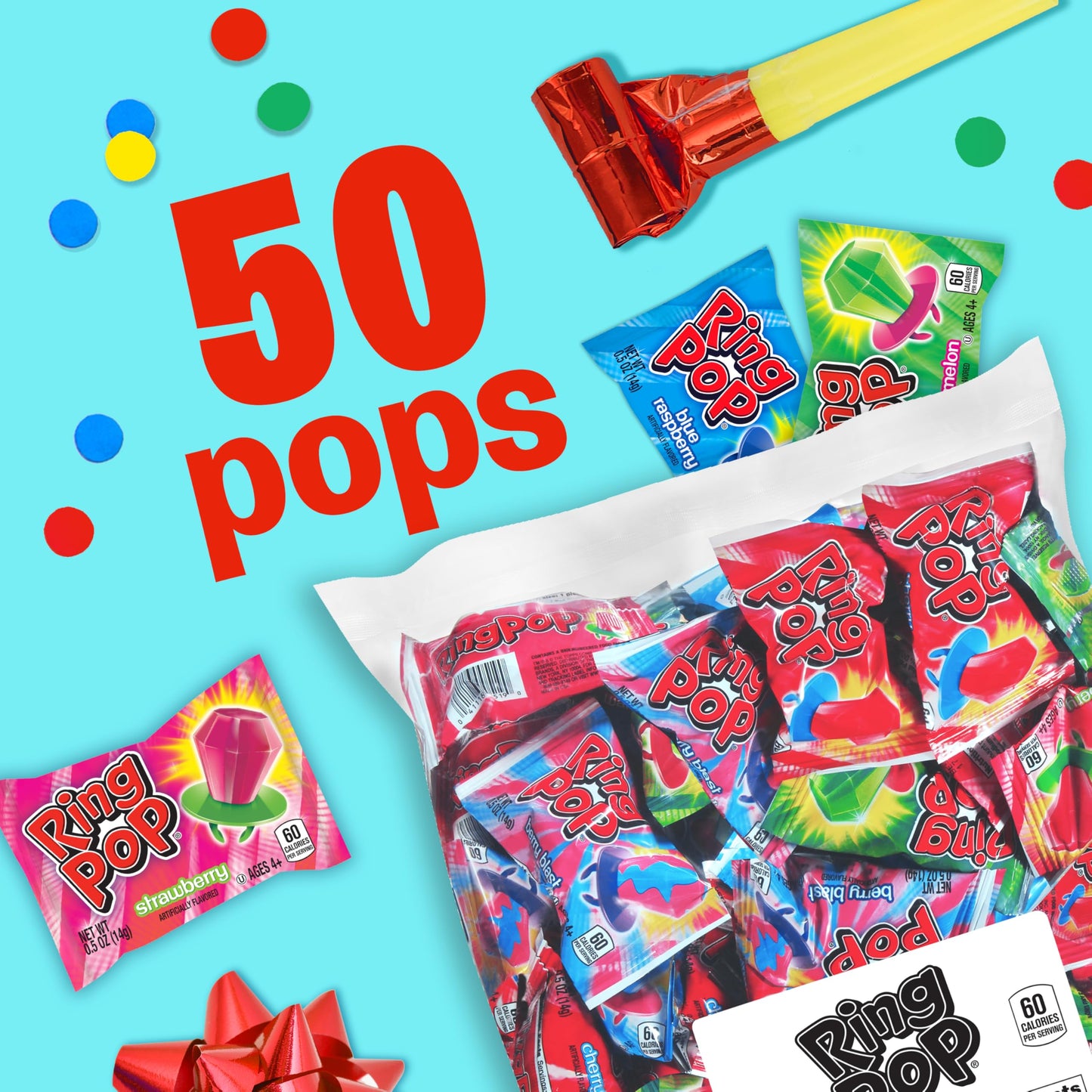 Ring Pop Lollipops - Bulk Candy Individually Wrapped Suckers Variety Party Pack- 50 Count w/Assorted Flavors - Hard Candy for Party Favors, Kids & Goodie Bags