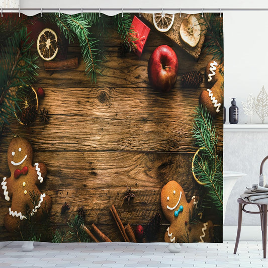 Gingerbread Man Christmas Shower Curtain - Rustic Pine & Cinnamon Design, 69" x 70", Fabric Bathroom Decor with Hooks