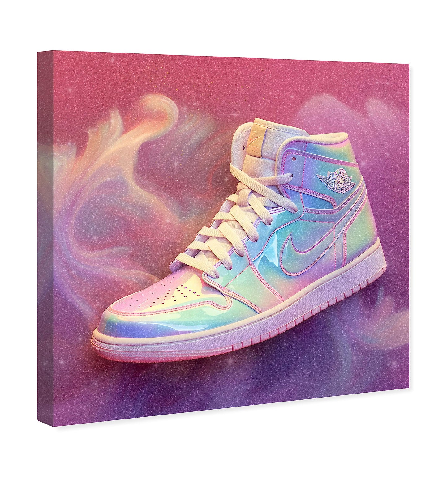 Wynwood Studio Fashion and Glam Contemporary Canvas Art - Holo Dreams Sneaker, Wall Art for Living Room, Bedroom, and Bathroom, 20 in x 20, Pink and Purple Home Decor