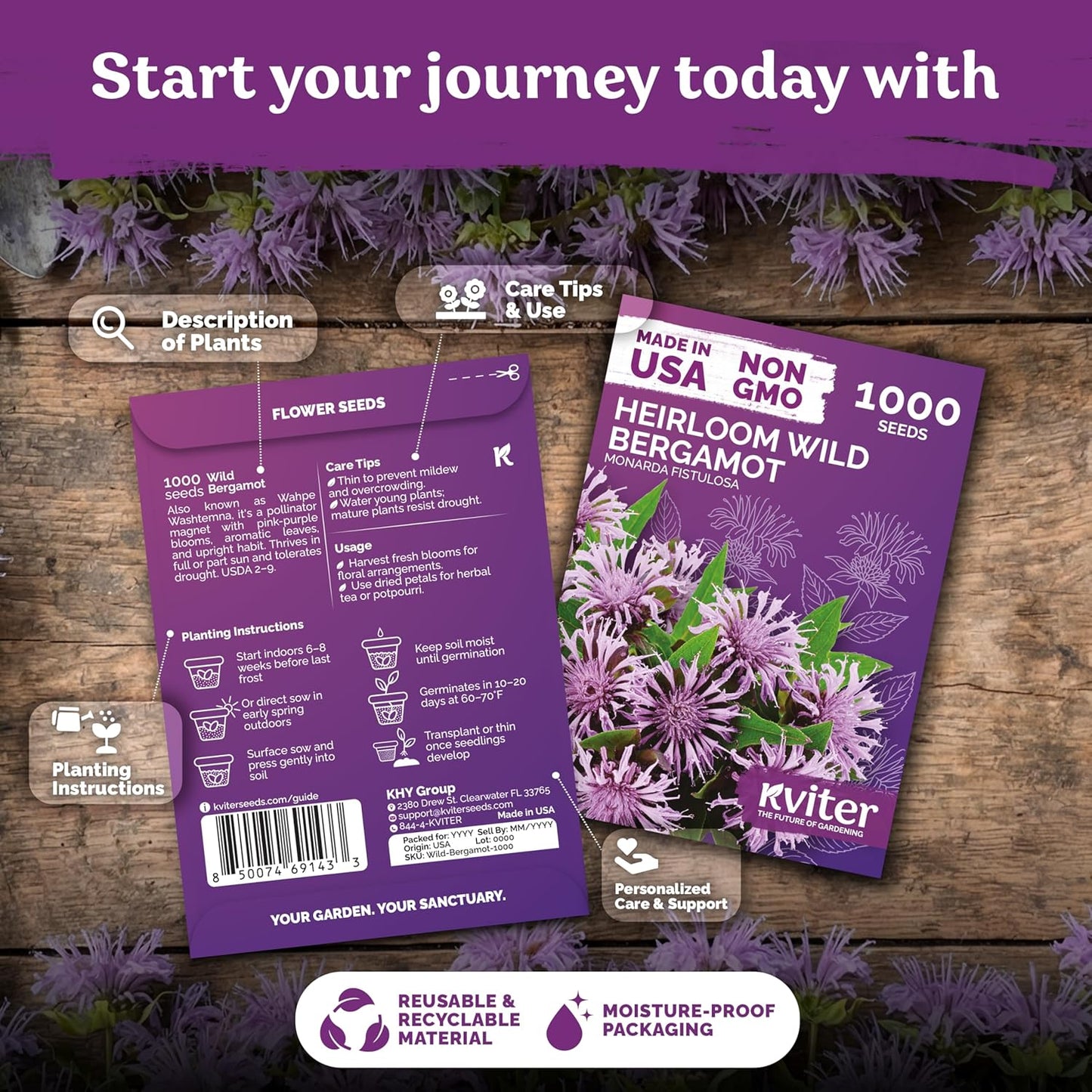 KVITER Wild Bergamot Seeds (Monarda Fistulosa) - Organic Non-GMO Pollinator Magnet | 1,000 Perennial Flower Seeds for Your Garden