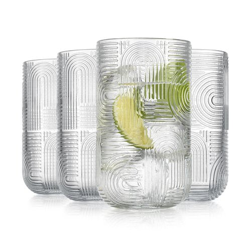 Glaver's Drinking Glasses, Highball Glasses, 17 Ounce Thick Embossed Designed, Set of 4 Clear Kitchen Glassware For Everyday Elegant Serving Coolers, Urban Pattern Modern Drinking Glasses