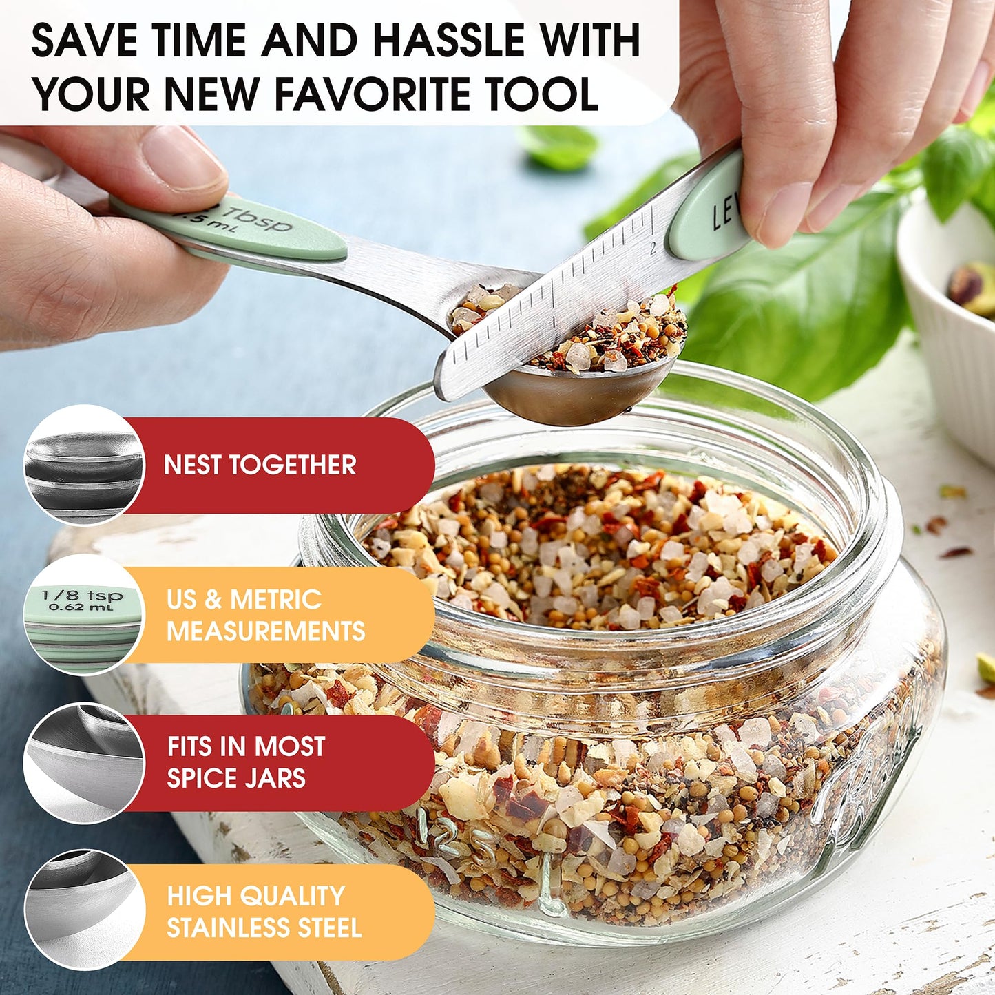 Spring Chef Magnetic Measuring Spoons Set, Dual Sided, Stainless Steel, Fits in Spice Jars, Pistachio, Set of 8, 2 Pack