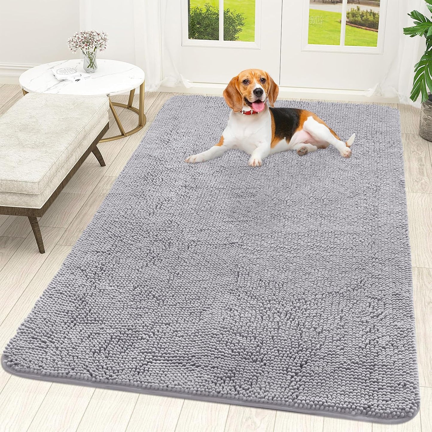 OLANLY Dog Door Mat - Absorbent Non-Slip Chenille Mat for Muddy Paws | 59x35 Light Grey Indoor Carpet